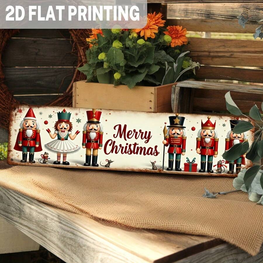 1pc 2D Flat Metal Sign, Classic Christmas Design With Blooming Nut Shell, Perfect For Holiday Season Wall Decor, Ideal For Farmhouse Or Home Decoration In Living Room, Bedroom (Random Style) - A - View 1