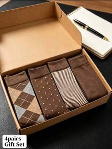 4 Pairs Men's Business Socks, Striped, Solid Color, Argyle, Plus Size, Mid-Calf, American Cotton Long Socks, Breathable - Camel - View 1