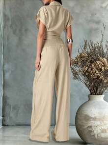 Women's 2 Pieces Faux Linen Texture Set, Front Tie Lapel Short Sleeve Crop Top + High Waist Wide Leg Pants, Summer Casual Vacation Outfit - Apricot - View 3