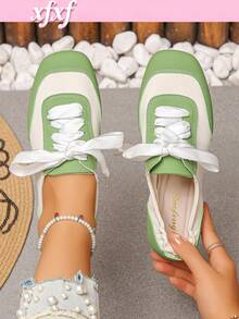 Sepatu Kasual Datar Wanita Xfxf dengan Blok Warna dan Lipatan Elastis di Tumit, Cocok untuk Pemakaian Sehari-hari/Perjalanan/Belanja/Bepergian. - Hijau - View 2