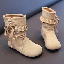 Girls' Loose Ruffle Mid-Calf Boots, Sweet Lace-Up Winter Boots, Soft Matte Fabric Upper, Non-Slip Sole, Toddler Children Shoes - Beige - View 3