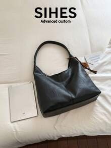 1pc Solid Color PU Leather New Women's Bag, Shoulder Bag, Fashionable Versatile Crescent Bag, Magnetic Closure, Dual Handles, Suitable For Commuting, Shopping, Dating - Black - View 10