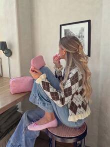 Women's Casual Brown And White Color Block Sweater, Autumn/Winter Style, Argyle Pattern Design With Ruffle Hem, Suitable For Outdoor Wear - Brown - View 12