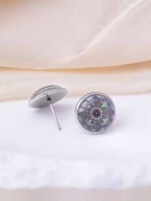 YUJUGLOW 1 Pair Bohemian Mandala Pattern 316 Stainless Steel Round Stud Earrings For Women Daily Wear - Purple - View 4