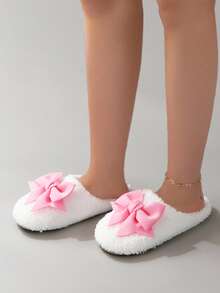 Sweet Cute Macaron Color Large Bow Plush Warm Soft Sole Women's House Slippers Floor Socks - White - View 3