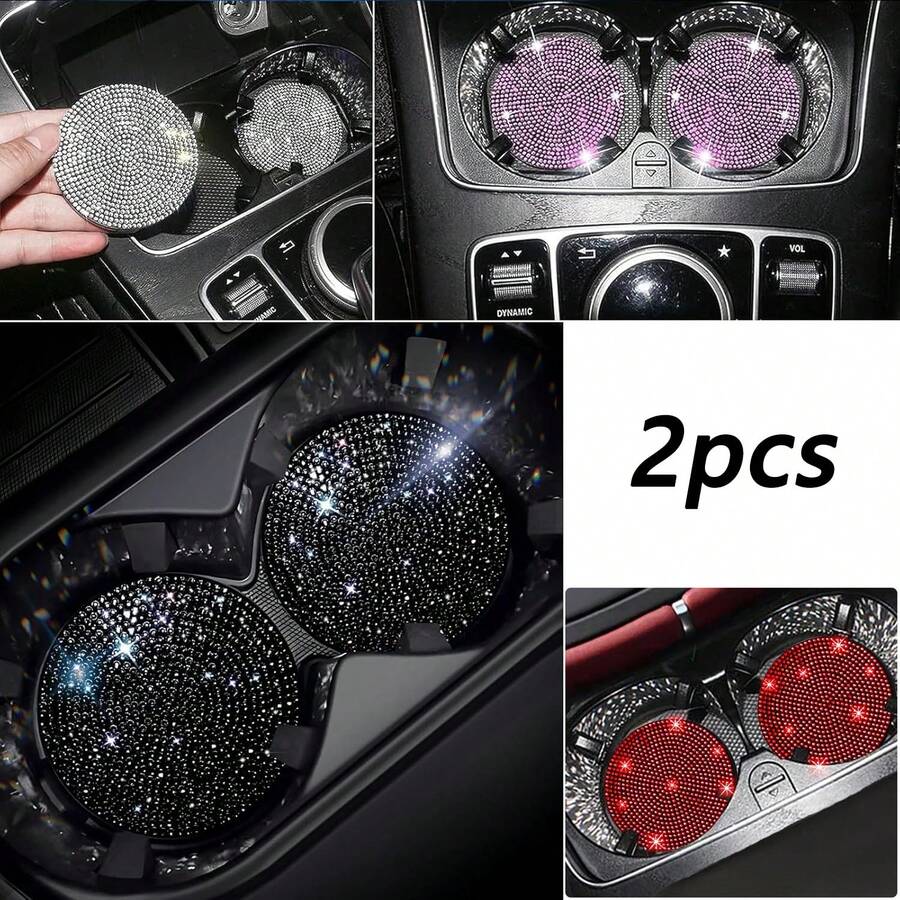 2pcs Shiny Car Cup Holder Coasters, Non-Slip Universal Fashion Car Cup Mats, Inlaid With Sparkling Crystal Rhinestones, Car Interior Accessories, Suitable For Women - A - View 1