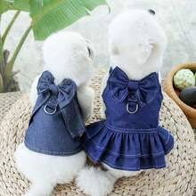 1pc Cute Denim Bow Dress For Cats And Dogs, Pet Harness Dress With Bowknot Design, Stylish Jean Skirt Outfit For Small Dogs And Kittens, Adorable Pet Clothing - Multicolor - View 5