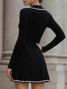 DONICY Women's Solid Color Collared Waist-Cinching Slim Fit Long Sleeve Sweater Pleated Dress, Suitable For Spring, Summer, Autumn, Winter - Black - View 2