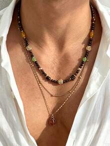 3pcs Bohemian Style Stone Beaded Necklace, Water Drop Shaped Gemstone Pendant Necklace Set, Exquisite Unique Jewelry, Gift For Men - Yellow Gold - View 2