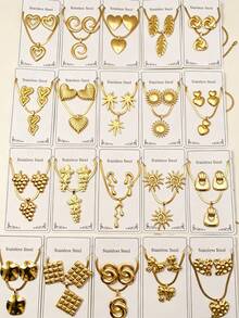 Gold Stainless Steel Jewelry - Random Style Delivery, Heart/Sun/Leaf Designs, Tarnish-Resistant, Perfect For Daily Wear & Gifting - Multicolor - View 2