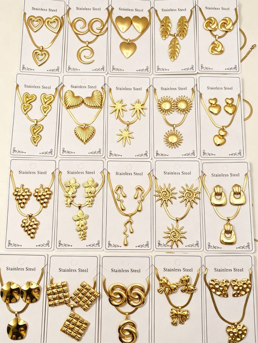 Gold Stainless Steel Jewelry - Random Style Delivery, Heart/Sun/Leaf Designs, Tarnish-Resistant, Perfect For Daily Wear & Gifting