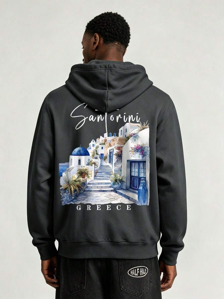 Men's Casual Sports Commute Versatile Architectural Pattern Printed Long Sleeve Hooded Pullover Fleece Sweatshirt - Dark Grey - View 1