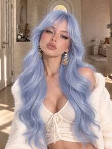 alicegarden 28-Inch Long Synthetic Wig Featuring A Natural Wavy Style In A A Stunning Blue. Middle Part Design , This False Hairpiece Is Perfect For Ms Daily Party Cosplay Use, Offering A Natural And Natural Durable Wig Gift For Ladies. - Blue - View 4
