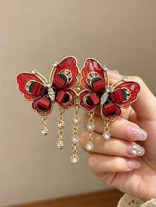 1pc Heavy-Duty Hollow Metal Double Butterfly Hair Clip, Glossy Oil-Drip Rhinestone Tassel Large Spring Clip, Banquet Wedding Women's Gift - Multicolor - View 6