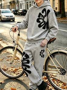 Lurzo Two Pieces Boys' Autumn And Winter Hooded Sweatshirt Set, Large Printed Long Sleeved Top+Comfortable Sweatpants, Outdoor Street Sports Back To School - Grey - View 3