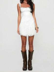 Elegant Fashion Ruffle Strap Bow Knot Lace Patchwork Sleeveless Fitted Mini Slip Dress White Summer Party - White - View 6