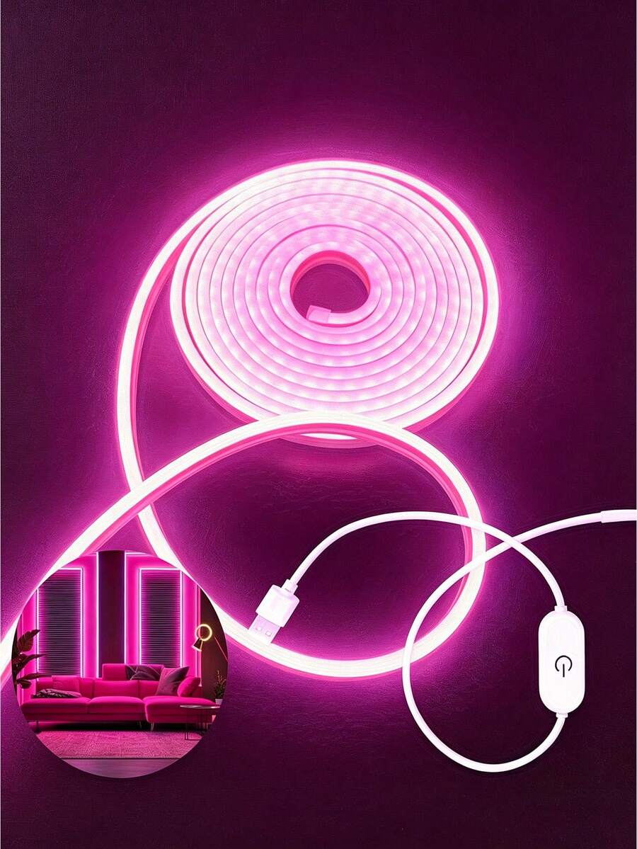 1pc Pink Flexible LED Neon Light Strip, USB Powered With Touch Switch, 1m/3m/5m Optional, DIY Atmosphere Rope Light, Suitable For Bedroom, Gaming Room, Party Home Wall Decoration - Multicolor - View 1