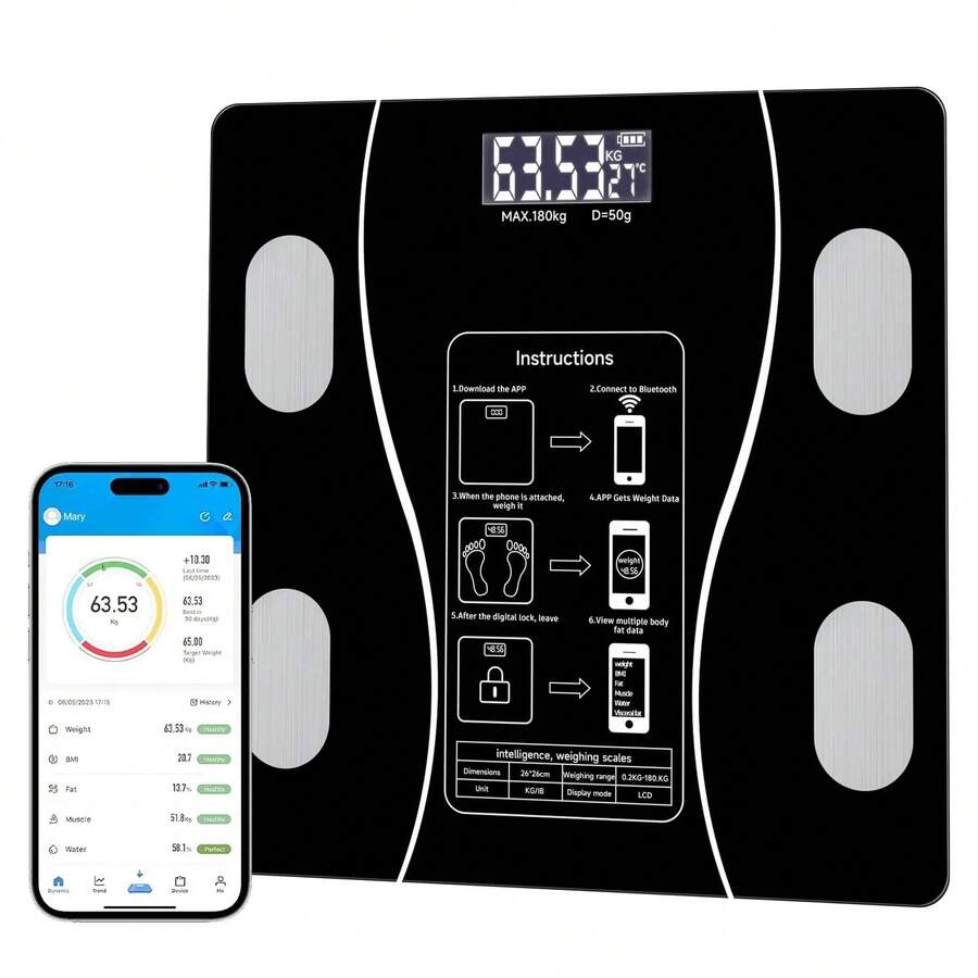 Báscula Digital Inteligente de Grasa Corporal con Bluetooth, Báscula de Baño de Vidrio Templado con App para iOS y Android, 180 kg - Negro - Ver 1