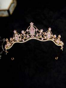 1pc Pink Rhinestone Princess Crown Vintage Crystal Tiara For Women Birthday Prom Wedding Fairycore Hair Accessories - Pink - View 9