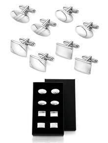 2/8pcs Men Geometric Cufflinks Set, Oval & Rectangular Polished, Classic Business Formal Alloy Shirt Cuff Links, All Season Wedding Suit Gift Accessory - Silver - View 9