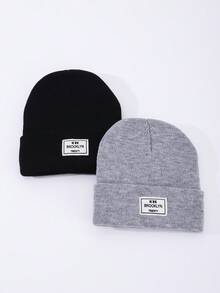 2pcs Women's Fashion Solid Color Versatile Fabric Label Beanie Knit Hat Warm Beanie Cap Suitable For Autumn/Winter Daily Wear And Travel - A - View 7