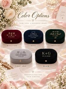 Personalized Oval Velvet Ring Box, Customizable Name And Date, Oval Double Ring Box, Suitable For Wedding, Engagement, Proposal, Bridal Party Gift - Multicolor - View 6