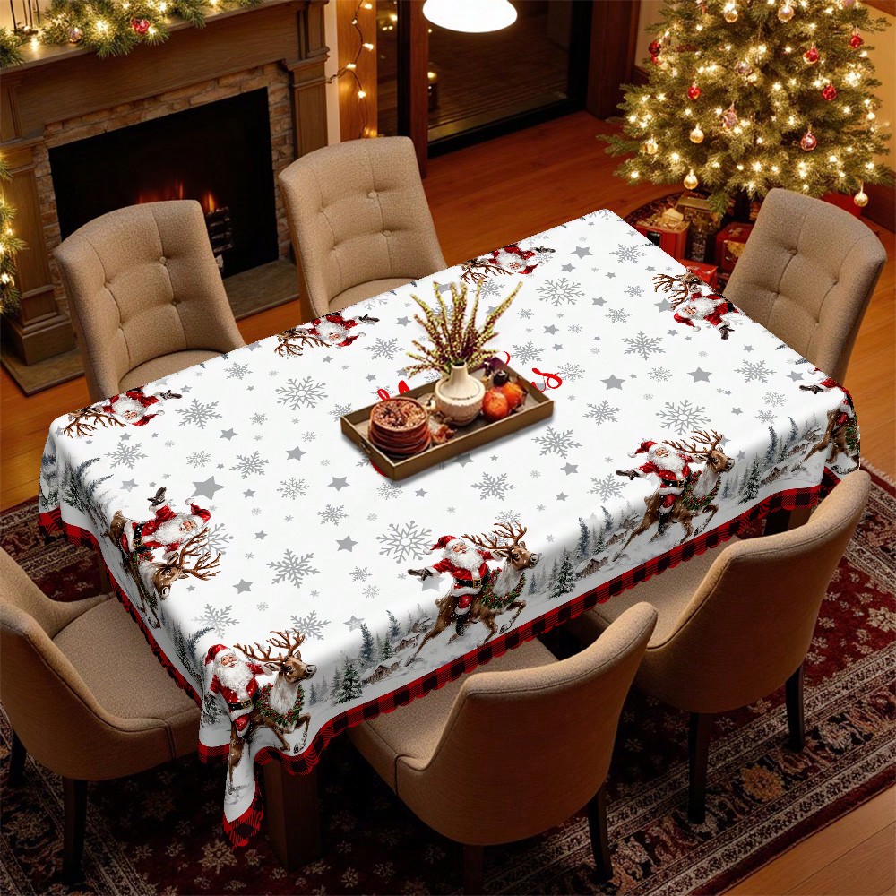1pc Christmas Tablecloth - Gold & Grey Snowflake, Five-Pointed Star, Santa Claus Riding Reindeer Print, Red & Black Plaid Border, American Vintage Design - Durable Polyester Fabric - Suitable For Rectangular, Round, Dining Tables - Party, Home, Restaurant