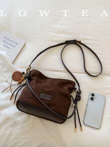 low tea 1pc Small Bucket Suede Crossbody Bag With Adjustable Strap, Suitable For Commuting, Shopping, Etc. (With Pendant) - Coffee - View 4