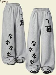 Lurzo Tween Girls' Fashion Cute Cat & Star Print Casual Pants, Light Gray Casual Sports Back-To-School Pants, Suitable For Spring, Summer, Autumn And Winter Wear - Grey - View 3