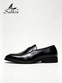Salkin 男士奢華復古設計一腳蹬樂福鞋，優雅紳士社交皮革鞋，低調奢華黑色便士樂福鞋，男士日常休閒鞋，商務正裝鞋，西裝穿搭辦公室派對婚禮時尚新郎鞋晚宴約會假期禮物四季男鞋，請選擇大一號 - 黑色 - 查看 3