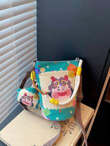 1pc Girls Cartoon Print Nylon Magnetic Closure Fashion Handbag Crossbody Bag Suitable For All Seasons Daily Use With Pendant - A - View 12