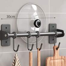 Wall-Mounted Kitchen Hanging Rack With Removable Hooks, Heavy Duty Black Metal Straight Bar Storage Rack, Suitable For Pots, Pans, Kitchen Utensils, Towels, Drill-Free Space-Saving Hanging Kitchen Storage Rack, Suitable For Home Apartment Kitchen Storage - Black - View 12