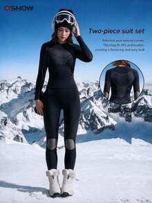 Women's Autumn/Winter Colorblock Elastic Warm Long Sleeve Ski Top And Pants Set - Black - View 2
