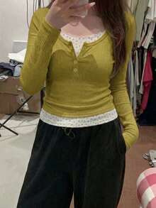 女款 2-In-1 層次感 T-shirt，甜辣風花卉針織上衣，百搭通勤襯衫，長袖 T-shirt - 薑黃色 - 查看 4