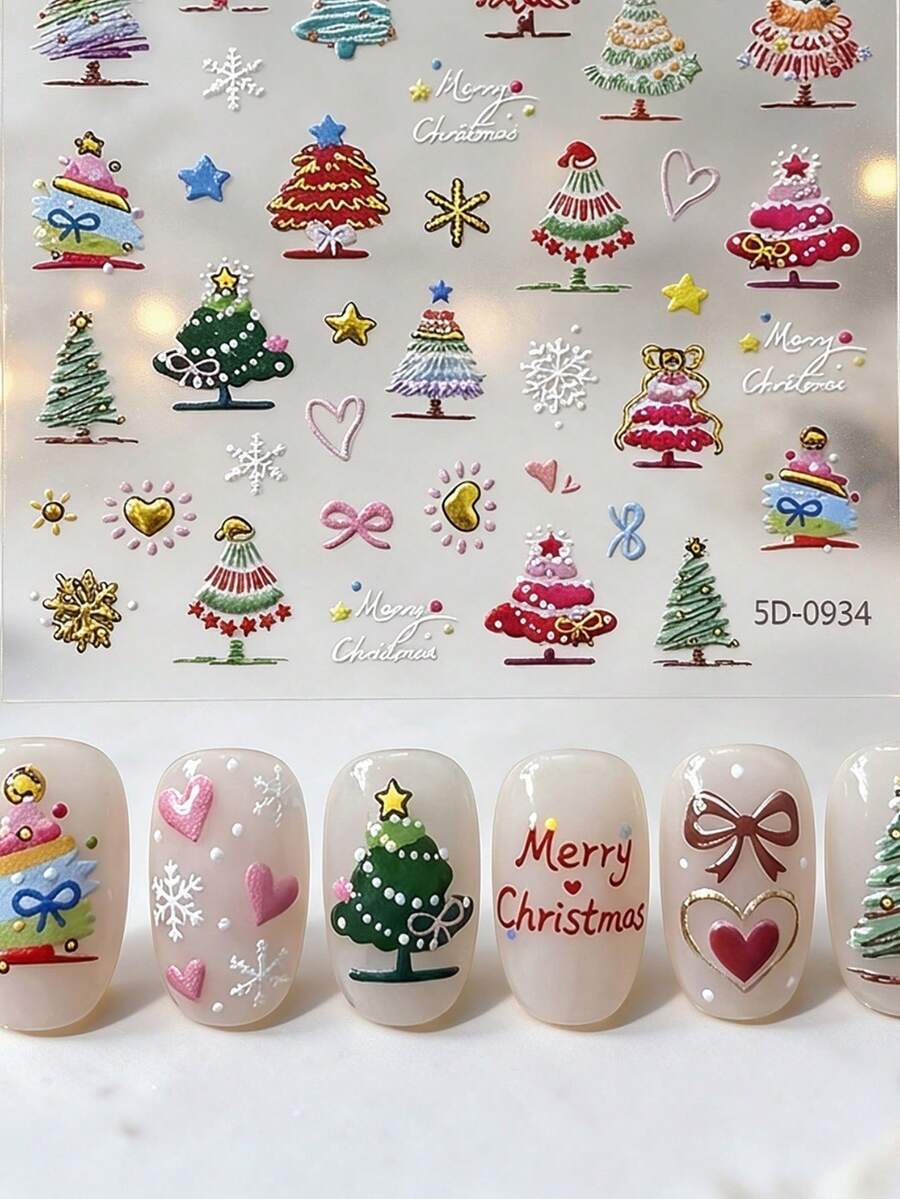 5D 浮雕金箔壓印彩色聖誕樹美甲貼紙，自黏式聖誕樹、Merry Christmas 字母、雪花、蝴蝶結與愛心美甲貼花，冬季假期 DIY 美甲裝飾，美甲藝術用品