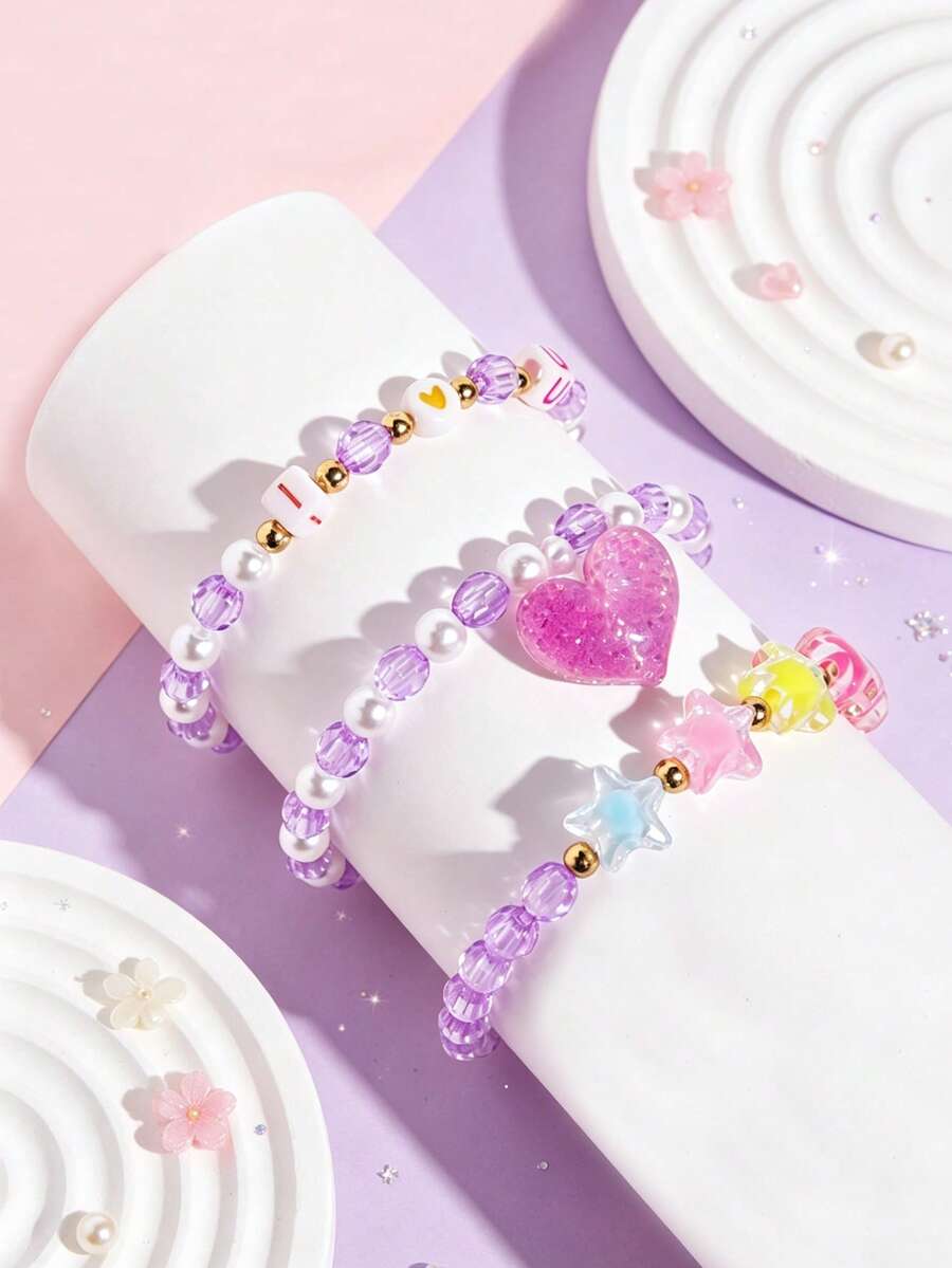3pcs/Set Girls Heart Flower Butterfly Pendant Charm Multicolor Beaded Bracelet Children Jewelry Holiday Party Birthday Gift Daily Wear - one-size - View 1