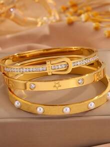 3/1pcsGold-Tone Stainless Steel Bangle, Matte Pearl, Rectangular Zirconia & Clover Embellishment, Elegant Statement Adornment - Gold - View 2
