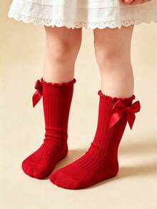 1 Pair Girls' Toddler Bow Knot Solid Color High Tube Socks, School Style Long Socks - Red - View 3