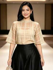 現代菲律賓風女式上衣 1件 素色休閒上衣，適合度假、假日、日常、約會、夏季穿著 - 香檳色 - 查看 4