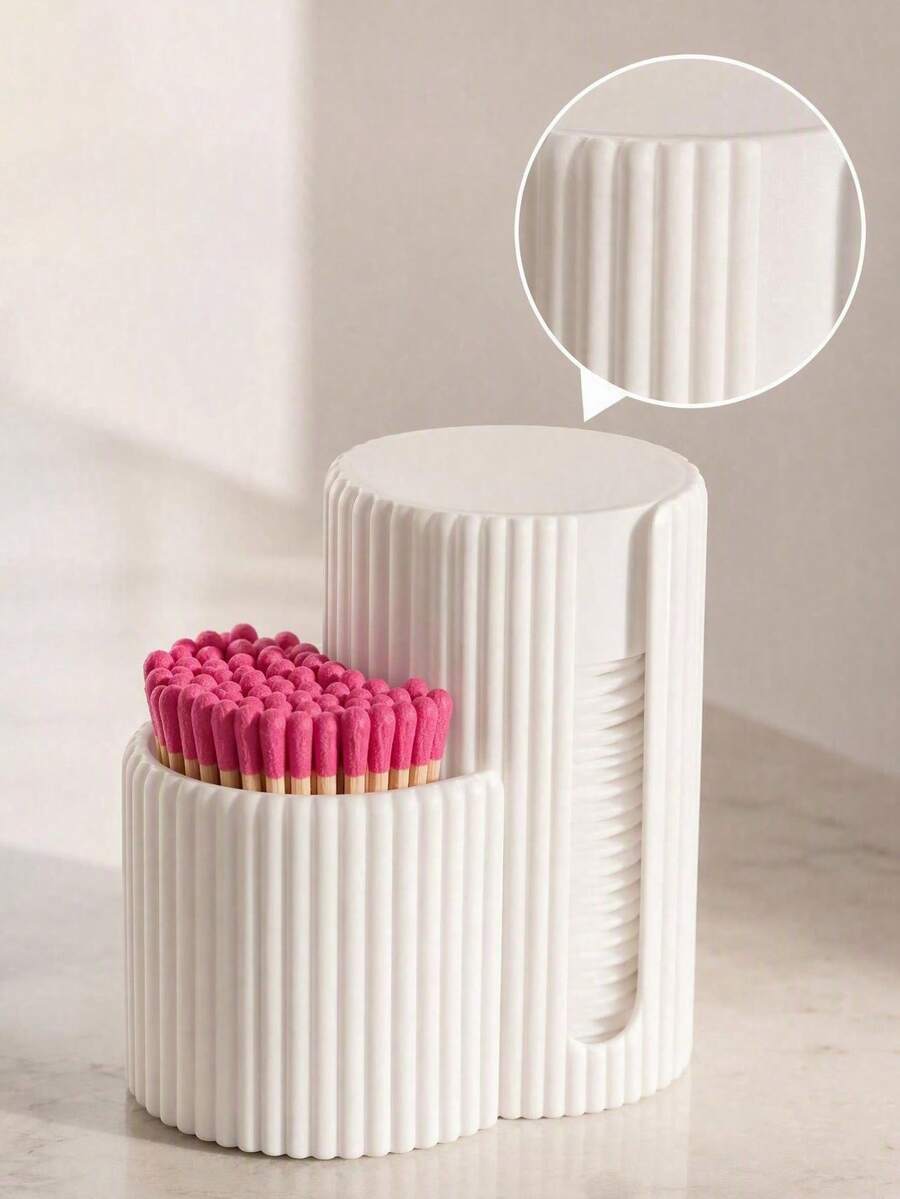 Matte Cream White Vertical Stripe Dual-Compartment Cosmetic Storage Box, Makeup Pads And Beauty Tool Organizer, Dual Independent Sections For Separating Pads And Small Beauty Tools To Keep Organized, Smooth Vertical Stripe Rounded Design Saves Desk Space, One-Piece Hollow Opening Supports One-Handed Easy Access To Supplies - Multicolor - View 1