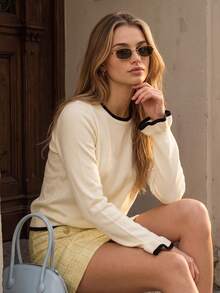 Exquisite Contrast Color Slim Fit Knit Top, Vertical Stripes Slimming Effect, Neckline Hem And Cuff Line Accents, Ribbed Edge Durable, Can Be Worn Alone Or Layered, Suitable For Daily Commute, Date, Afternoon Tea, Shopping And Outings - Apricot - View 6