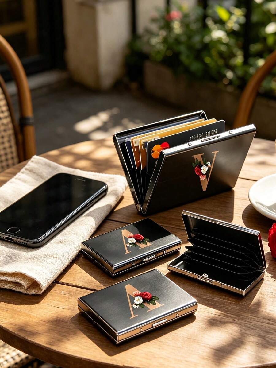 Ví nam mỏng bằng hợp kim nhôm chống RFID, 1-6 khe đựng thẻ, ví đựng thẻ kiêm túi đựng tiền, in họa tiết hoa và chữ cái - Nhiều màu - Xem 1