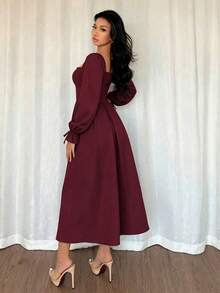 Elegant Women's Burgundy Square Neck A-Line Midi Dress With Long Pleated Ruffle Sleeves, Suitable For Autumn Formal Occasions (Holiday Red) - Burgundy - View 2