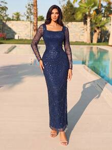 Women's Romantic Party Long Dress, Sparkling Sequin Decoration, Square Neck, Regular Long Sleeve, Suitable For Formal Occasions - Royal Blue - View 5