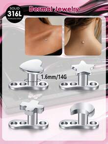 Đầu neo dermal piercing thép không gỉ 316L, trang sức dermal hình trái tim và ngôi sao, ren trong - Bạc - Xem 4