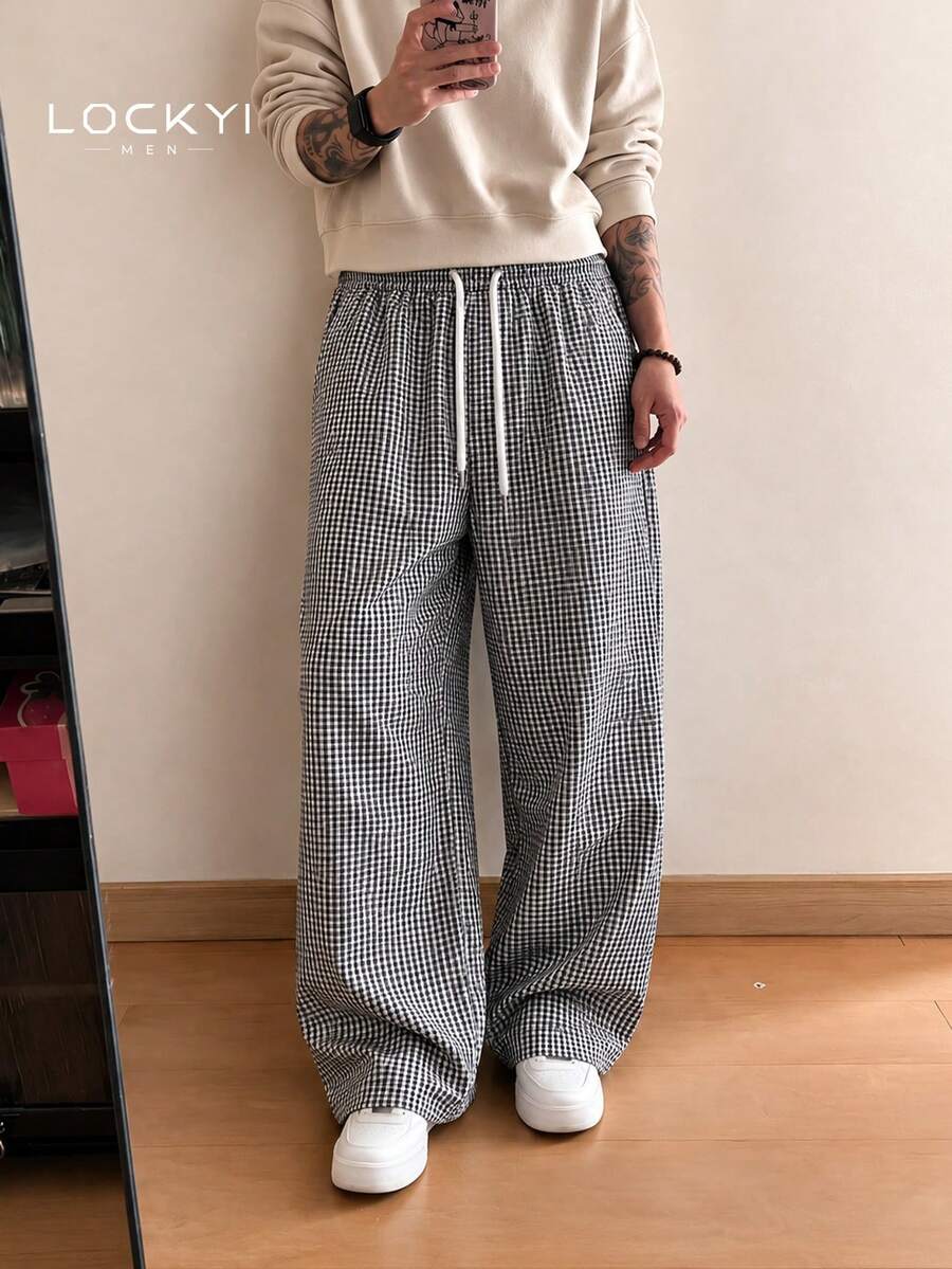 1 buah Celana Panjang Pria Bergaris Kotak-kotak Gaya Vintage Kaki Lebar Kasual Longgar Potongan Lurus Musim Semi Musim Gugur - Light Grey - View 1