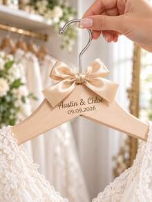 1pc Personalized Engraved Wedding Wooden Hanger, Custom Names & Date Bridal Dress Hanger With Satin Ribbon Bow, Wedding Keepsake, Bridal Shower Gift For Bride, Wedding Photo Prop - Multicolor - View 5