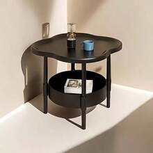 [Fashion Side Table]Minimalist Modern Plastic Side Table - Fashionable Modern Round Clover Side Table, Small Double-Layer Coffee Table With Storage Shelf | Space-Saving Clover Design Bedside Table - Suitable For Living Room, Study, Bedroom Storage And Organization - White - View 9