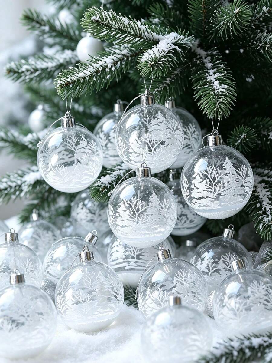 Transparent Christmas Ball Ornament, Silver Glitter Swirl Design Hanging Ball With Ribbon, Elegant Christmas Tree Decoration, Suitable For Holiday Party Home Decor - Multicolor - View 1
