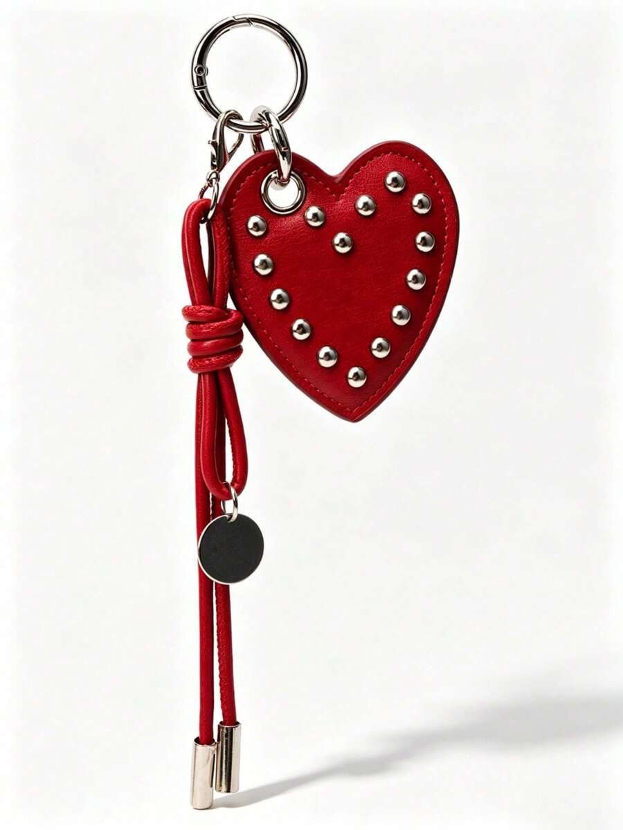JRESSIAL Y2K Punk Rivet Black Faux Leather Heart Keychain Gothic Heart-Shaped Buckle Bag Charm Cool Street Style Backpack Pendant Girls Gift, Wallet Charm - Red - View 1